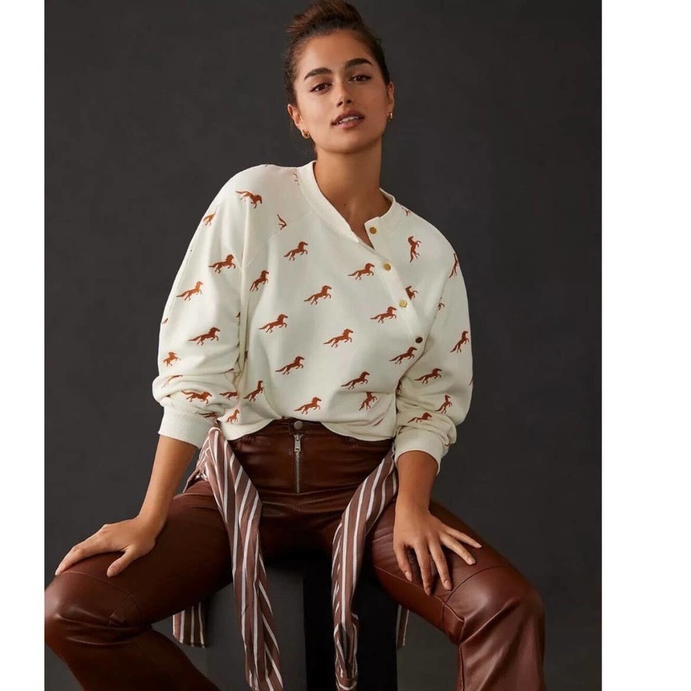 Anthropologie Cream Sweatshirt with Brown Horse Print
